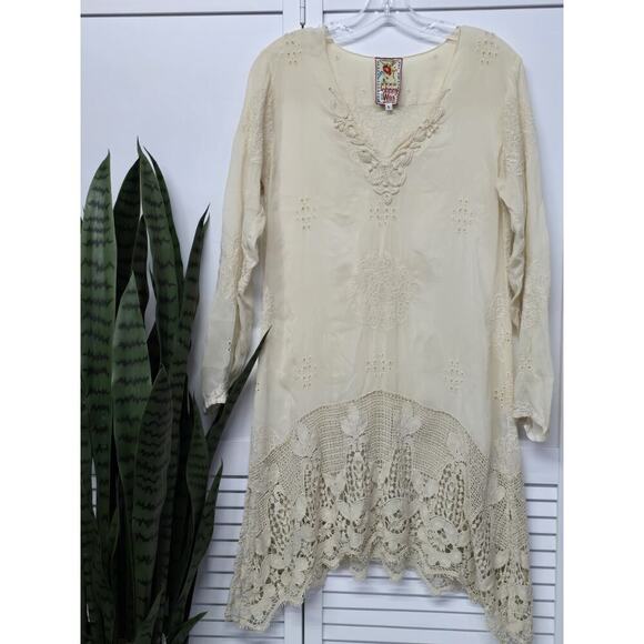 Johnny Was Ivory Tunic Top Blouse Cottage Embroidered Lace Crochet Small Boho - Picture 1 of 8